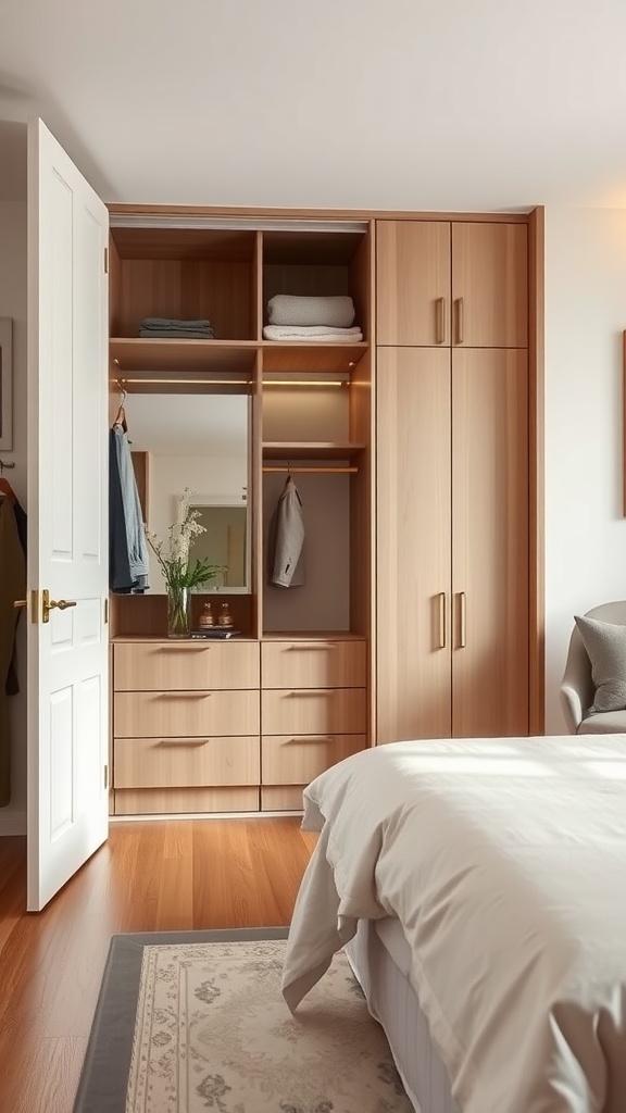 Open wardrobe with a full-length mirror in a cozy bedroom setting