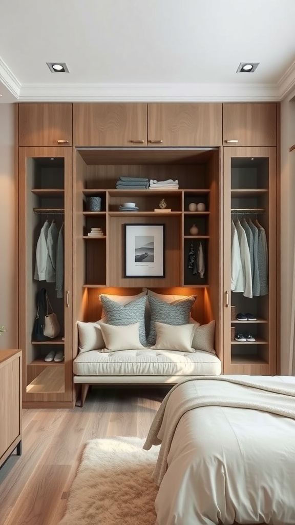 Open wardrobe with built-in seating in a modern bedroom