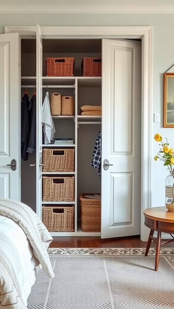 Open wardrobe with decorative baskets, displaying clothes and storage items in a stylish bedroom.