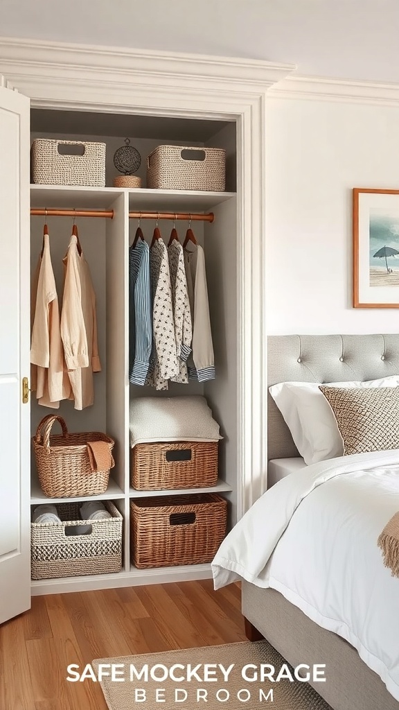 Open wardrobe with decorative storage bins and hanging clothes in a bedroom