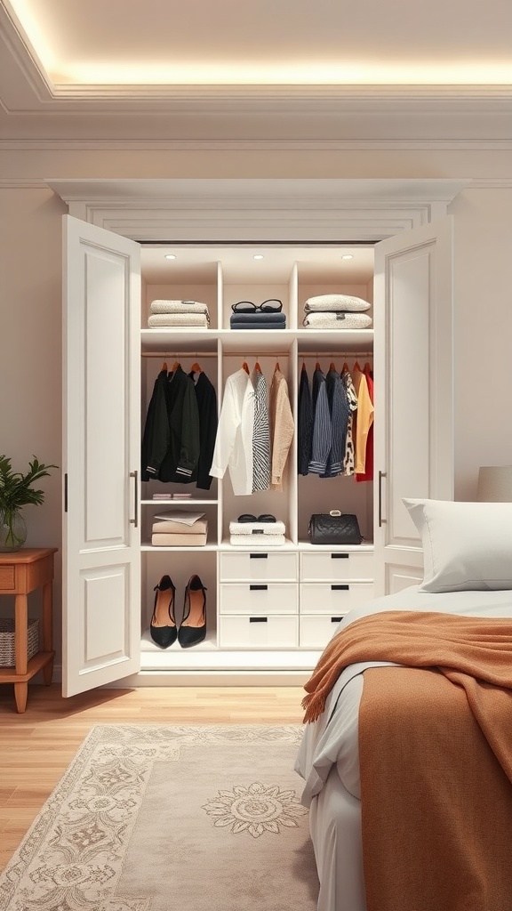Stylish open wardrobe with integrated lighting in a bedroom, showcasing organized clothing and accessories.