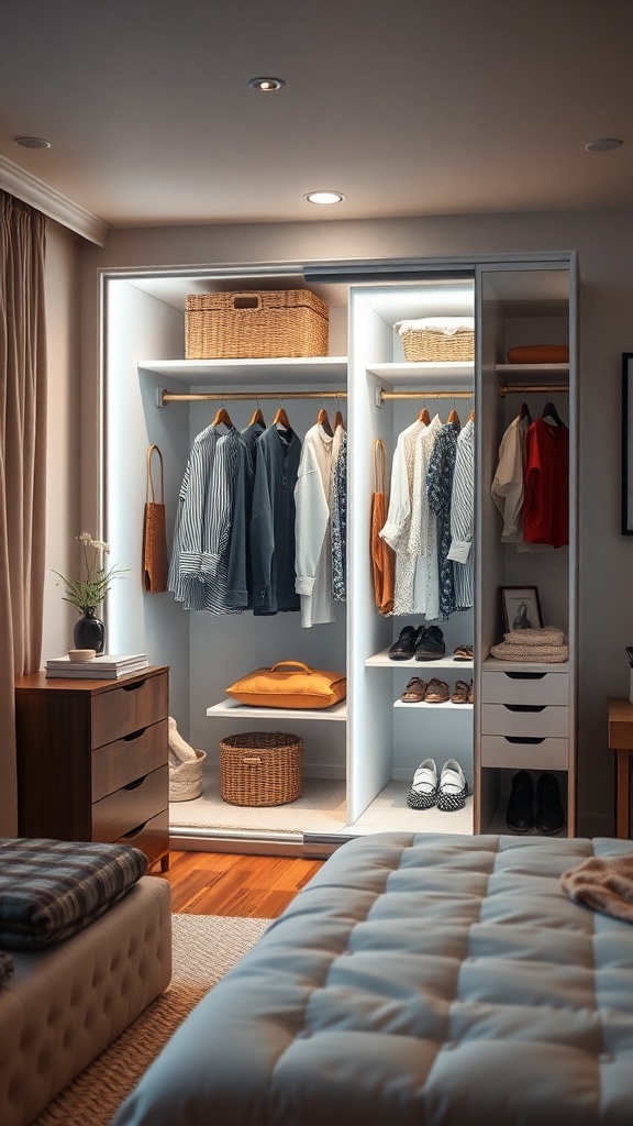 Open wardrobe with integrated lighting showcasing organized clothes and accessories