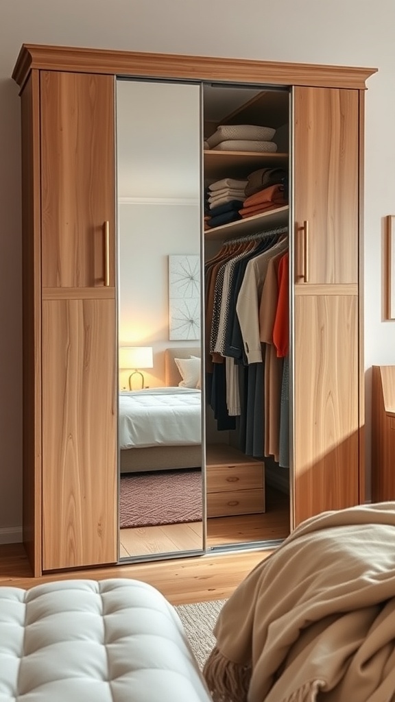 A wooden wardrobe with mirrored doors, showcasing neatly arranged clothes and a cozy bedroom setting.