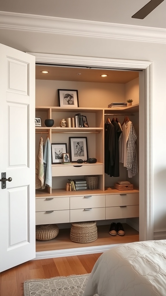 An open wardrobe featuring neatly arranged clothes, books, and personal items, illuminated by warm lighting.