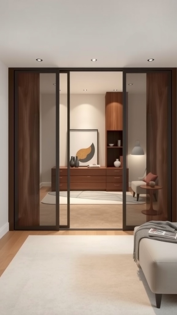 A modern open wardrobe with sliding doors, featuring a sleek design and warm lighting.