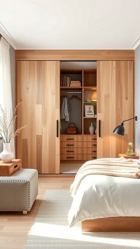 A modern bedroom featuring an open wardrobe with sliding doors made of wood, showcasing organized shelves and a cozy atmosphere.