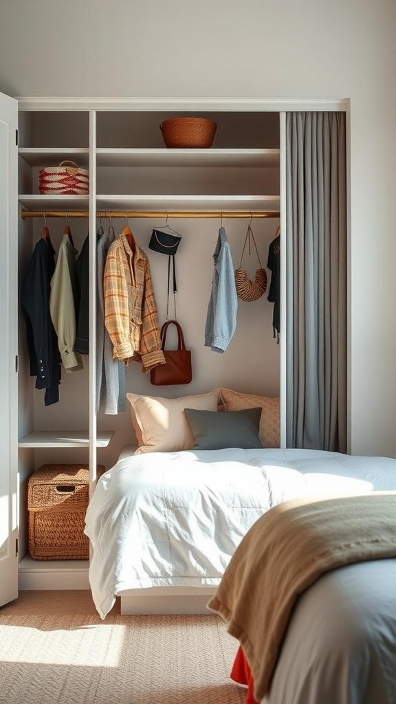 An open wardrobe featuring stylish hooks with hanging clothes and a cozy basket on top.