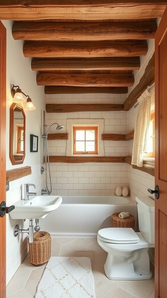 Small rustic bathroom with open wood beams ceiling