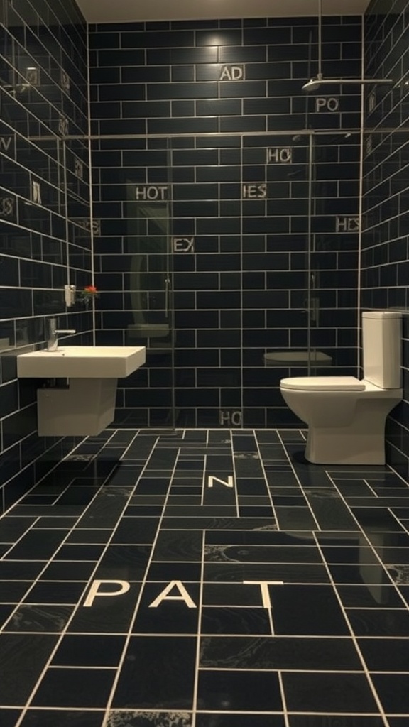 A modern black tile bathroom with letters on the floor and walls.