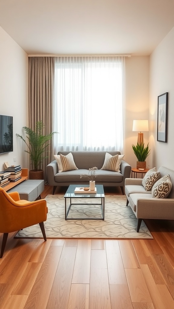 A cozy living room with two gray sofas and a colorful chair, well arranged for a long rectangular space.