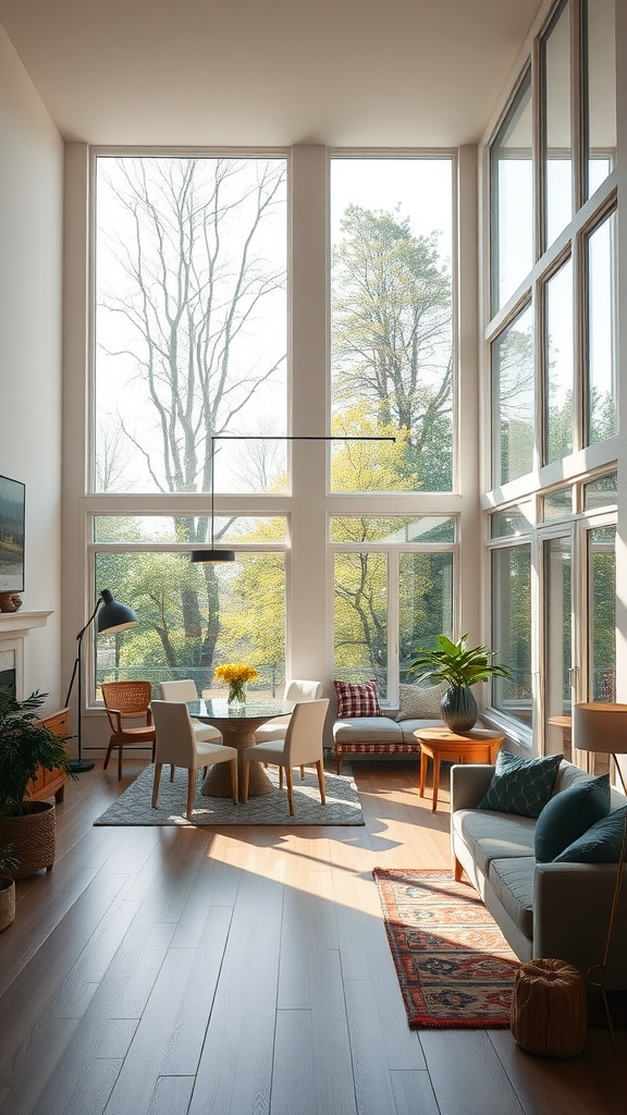 Bright and airy dining room living room combo with large windows and natural light.