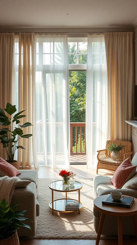 A cozy family room with sheer curtains allowing natural light in through large windows.