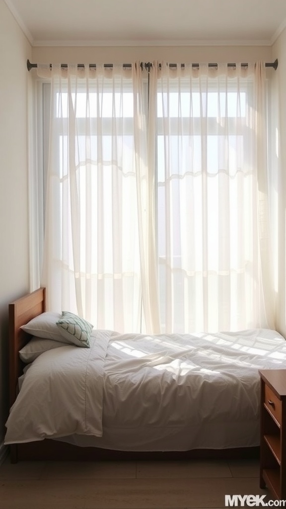 A small rectangular bedroom with sheer curtains allowing natural light to flow in, featuring a single bed and a wooden nightstand.