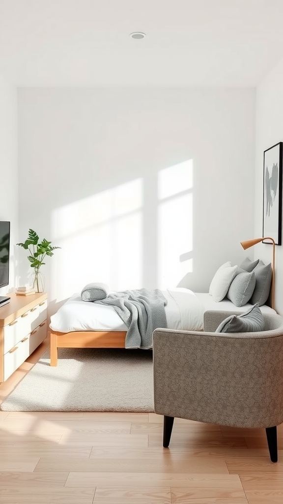 A small guest bedroom with low-profile furniture, featuring a bed, a cozy chair, and a light color scheme.