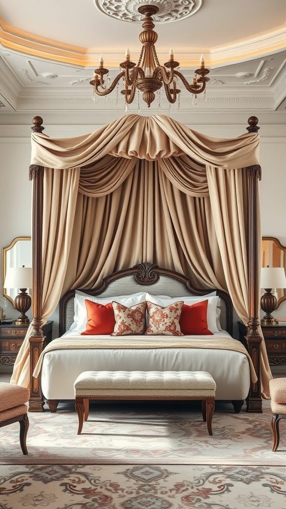 A luxurious canopy bed with elegant drapery and decorative pillows in an opulent bedroom setting.