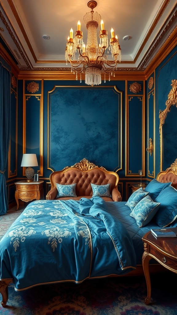 Luxury master bedroom featuring deep blue walls, gold accents, and elegant furniture.