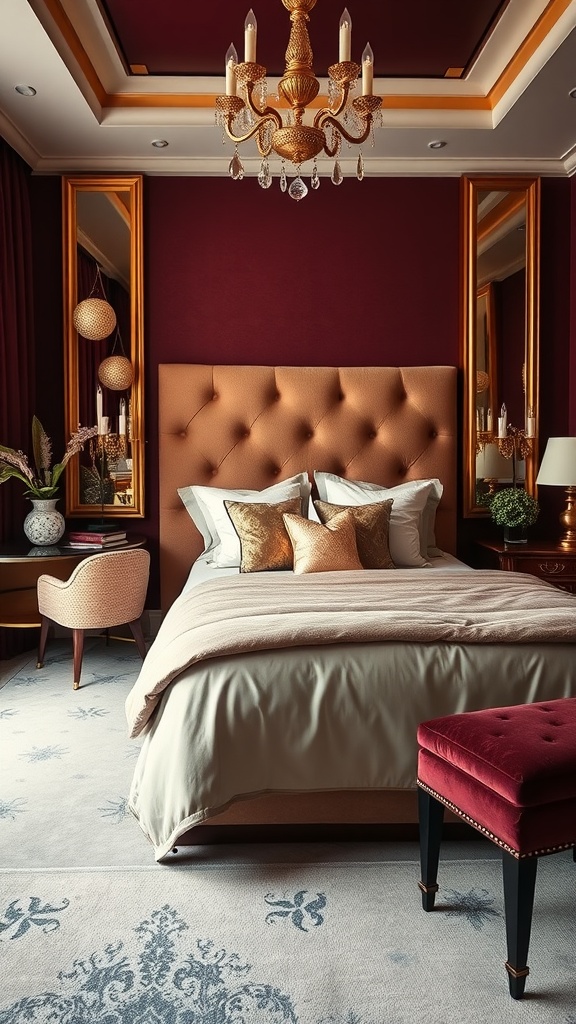 Luxury bedroom featuring burgundy walls, a tufted beige headboard, and elegant decor.