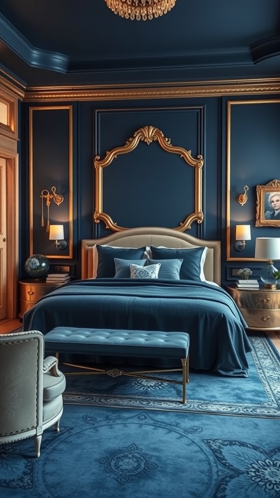 Luxurious bedroom with navy blue walls and gold accents