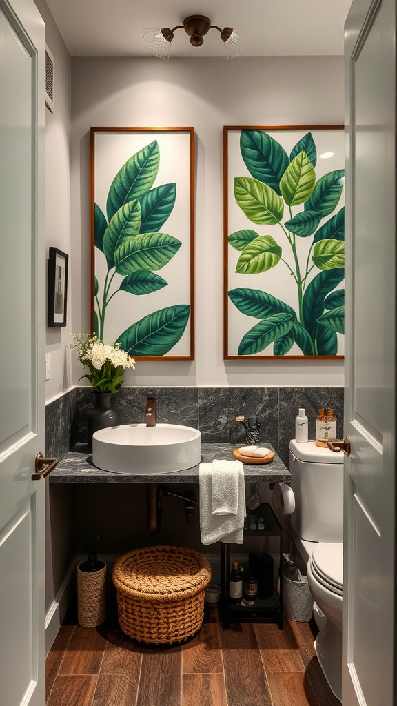 Two large framed green leaf artworks in a modern bathroom