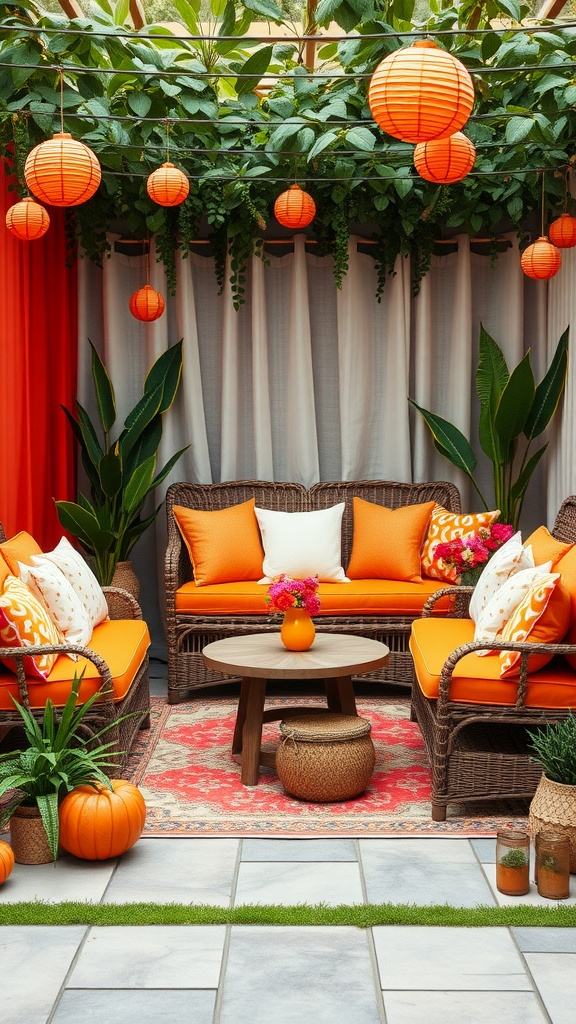 Cozy seating area decorated with orange themes for a baby shower
