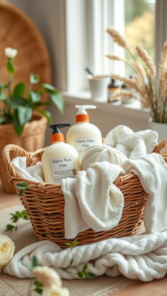 A basket filled with organic baby lotions and soft cloths, surrounded by plants and decorative elements.