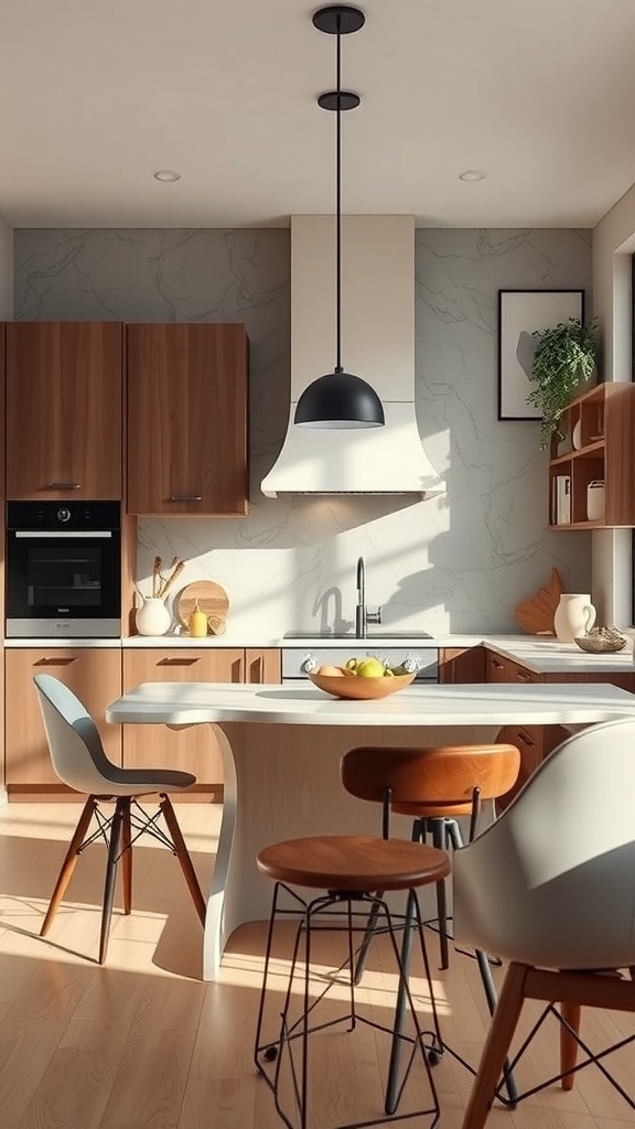 A modern kitchen featuring organic shape furniture, including a uniquely shaped table and comfortable chairs, in earthy tones.