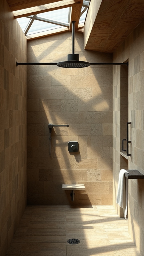 A rustic walk-in shower with organic shapes and a warm wooden design.