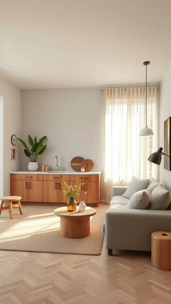 A cozy kitchen with wooden cabinets, a round table, and a comfortable sofa, filled with natural light.