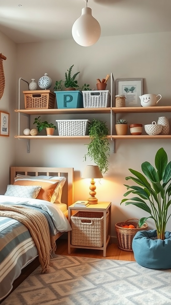 A cozy shared bedroom with plants, shelves, and organized storage solutions.
