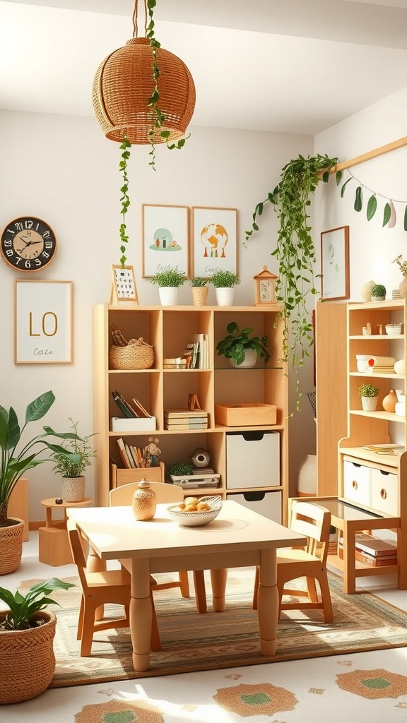 A well-organized Montessori toddler room featuring a wooden table, children's chairs, and shelves filled with learning materials and plants.