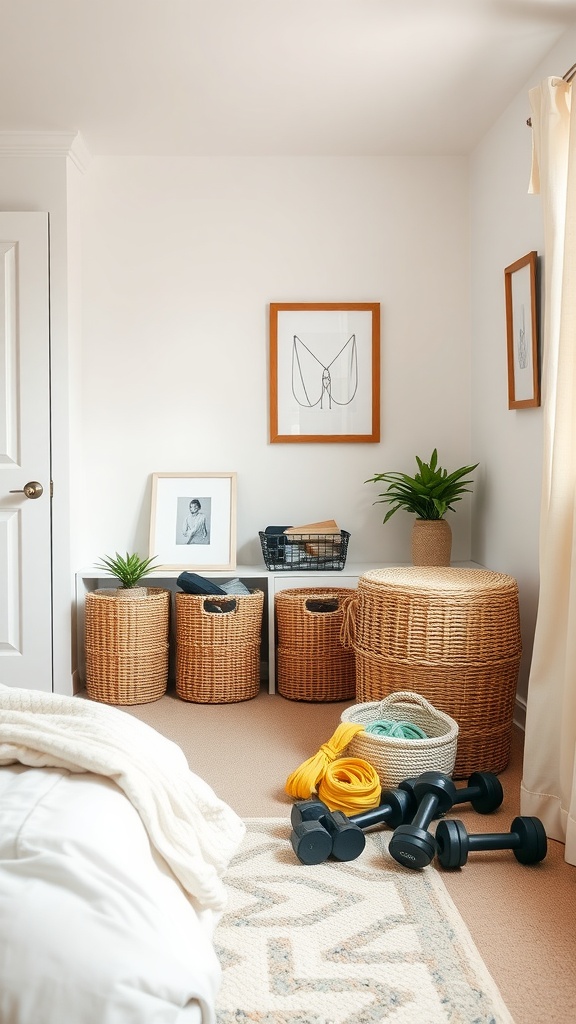 A cozy bedroom gym corner with woven baskets for storage, dumbbells, and plants.