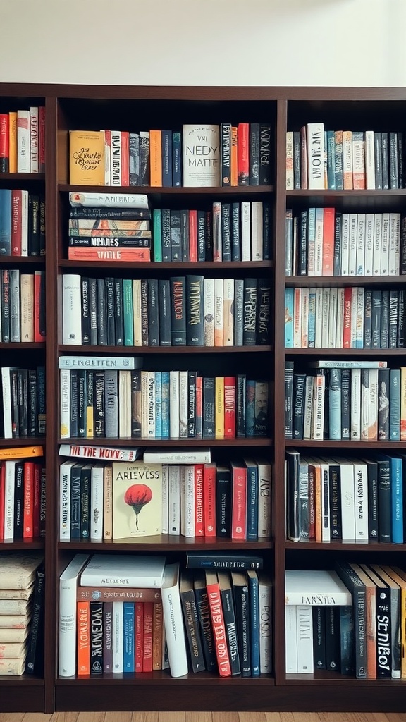 A neatly organized bookshelf showcasing a variety of books arranged by author.
