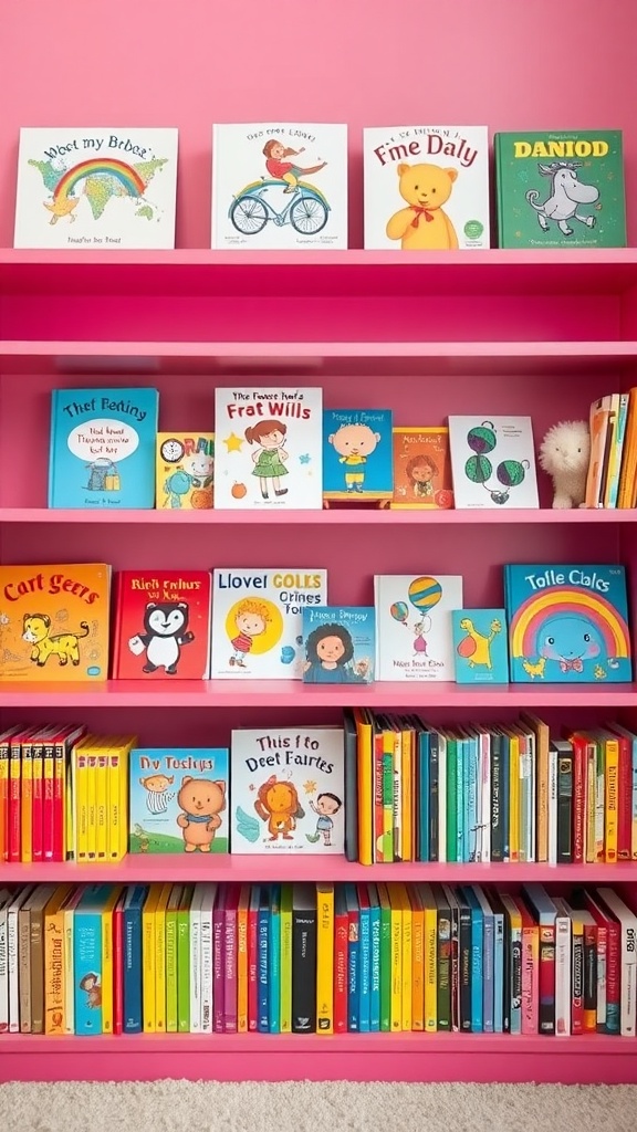 Colorful nursery bookshelf with children's books arranged by color on a pink shelf.