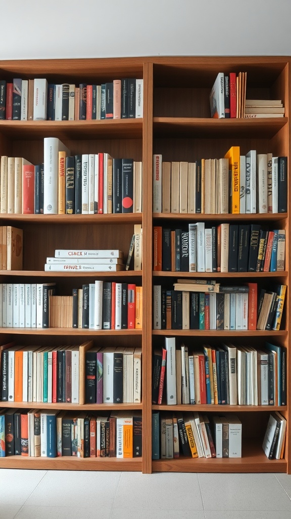A neatly organized bookshelf featuring books of various sizes arranged for a balanced look.