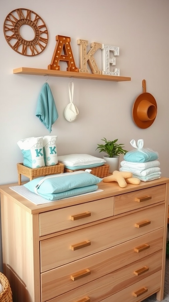 A well-organized nursery dresser with diaper changing essentials, including stacked towels, baskets, and decorative items.