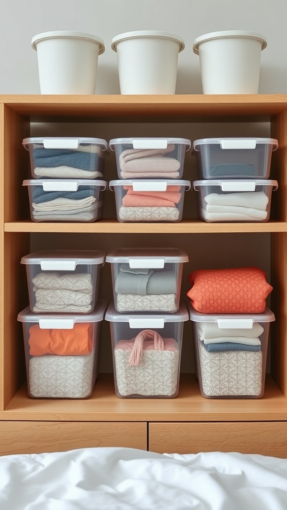 Organized bedroom shelf with clear plastic containers holding folded clothes.