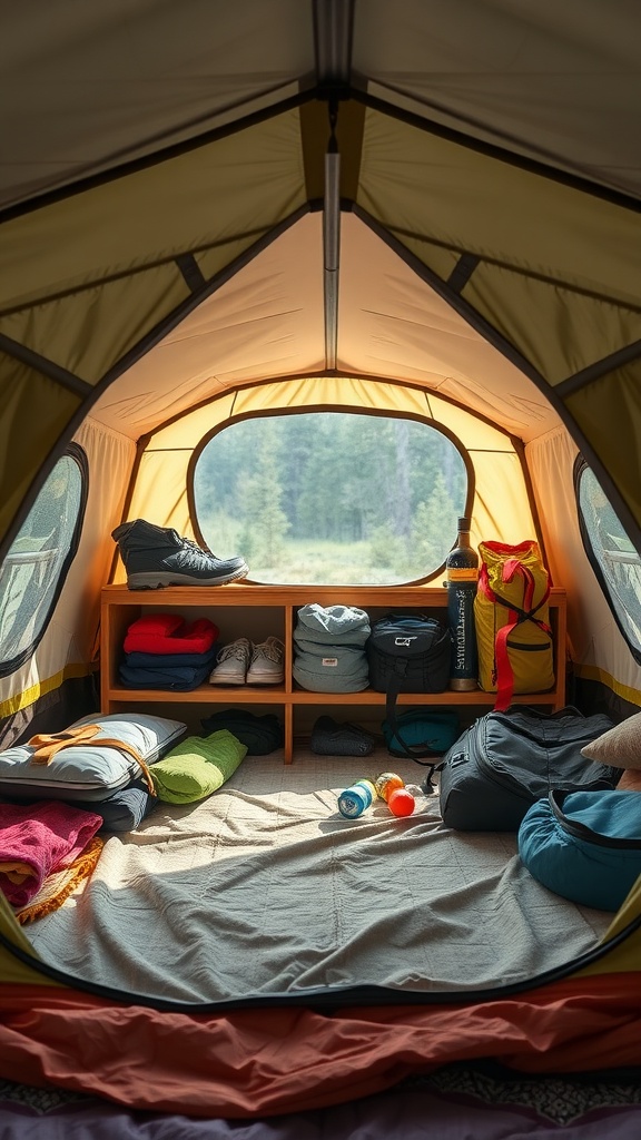 A well-organized tent interior showing a shelf with folded clothes, shoes, and bags, emphasizing storage solutions for camping gear.