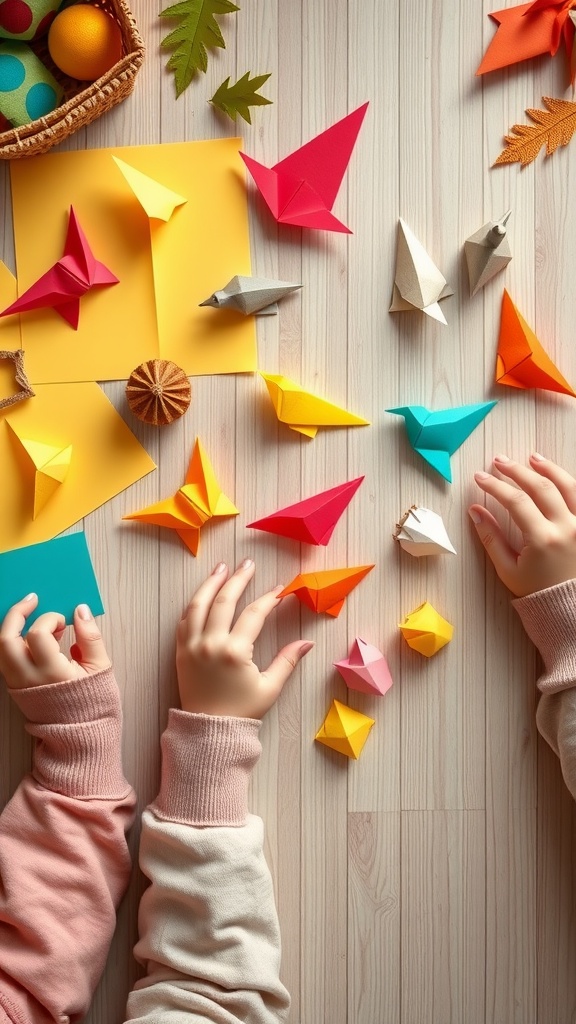 Colorful origami animals and two pairs of hands on a table, showcasing a fun and creative paper folding activity.