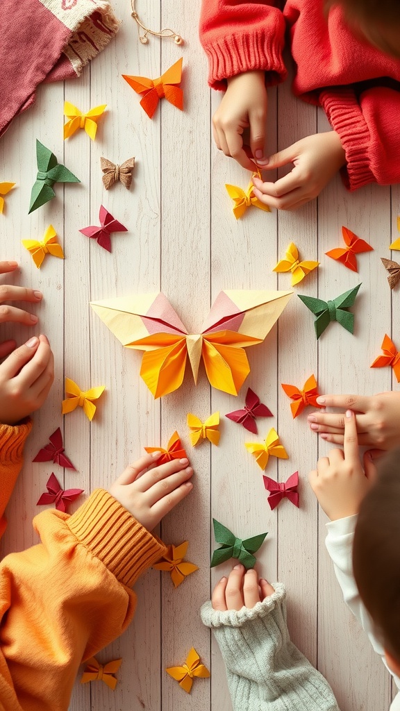 Children's hands crafting paper butterflies in various colors on a wooden table.