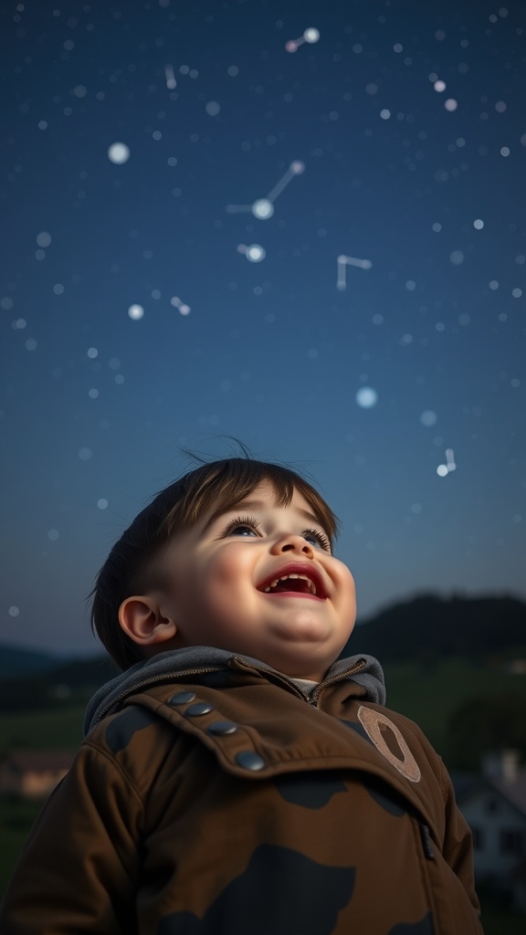 A young boy smiling while looking at a starry sky.