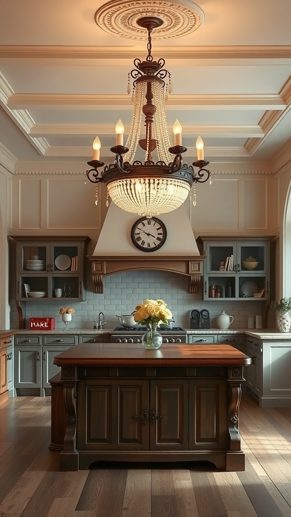 A Victorian kitchen featuring an ornate chandelier with crystals and candle-like bulbs, highlighting the elegant design.