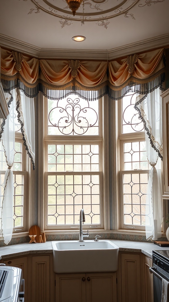 Ornate window treatments in a Victorian kitchen with draped fabric and lace.