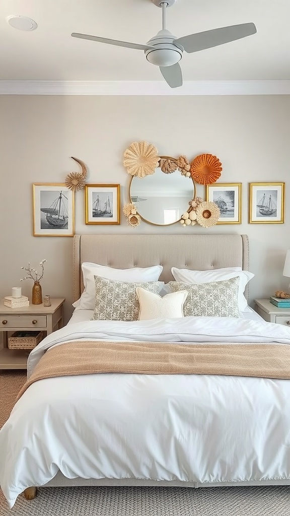 A cozy summer bedroom featuring light colors, natural wall decor, and inviting bedding.