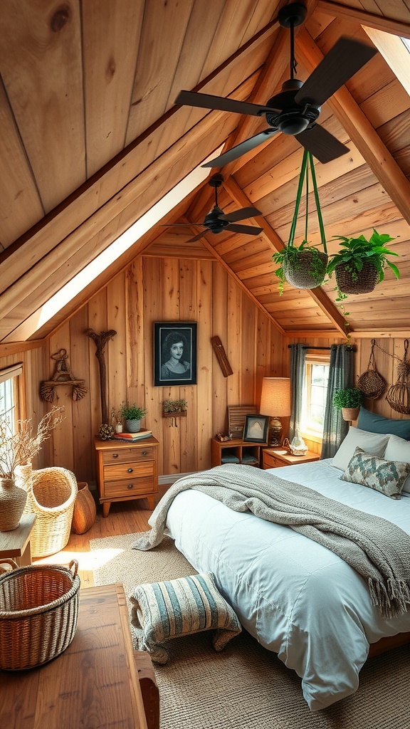 Cozy attic bedroom with wooden walls, hanging plants, and a soft bed