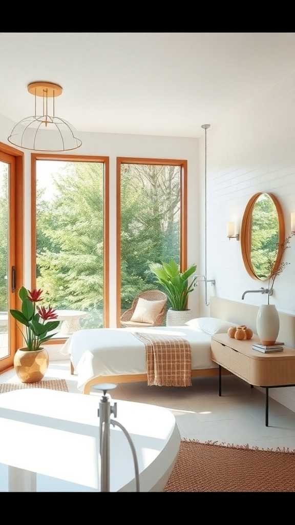 A bright and airy bathroom with large windows, plants, and a cozy atmosphere.