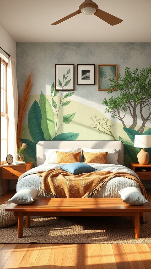 A cozy bedroom with a nature-themed mural, wooden furniture, and soft textiles.