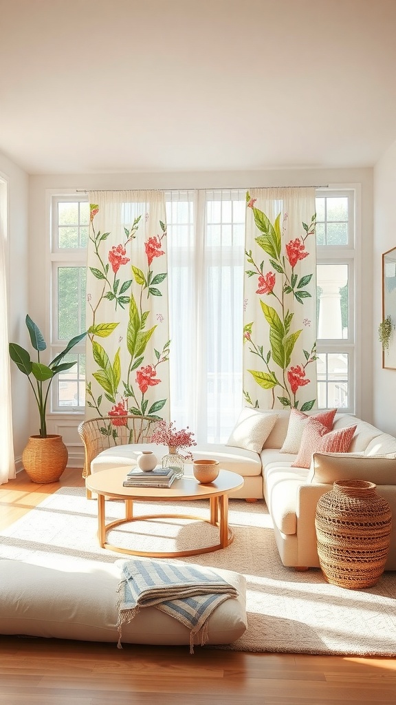 A bright living room featuring floral curtains, a cozy sofa, and natural decor elements.