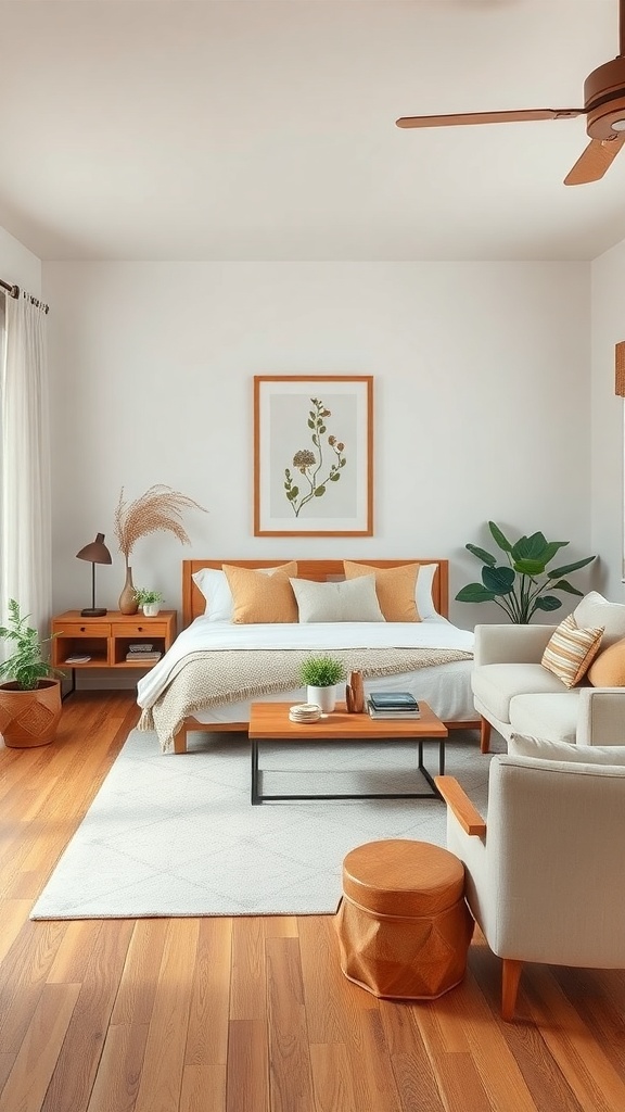 A cozy living room with wooden furniture, plants, and natural decor elements.