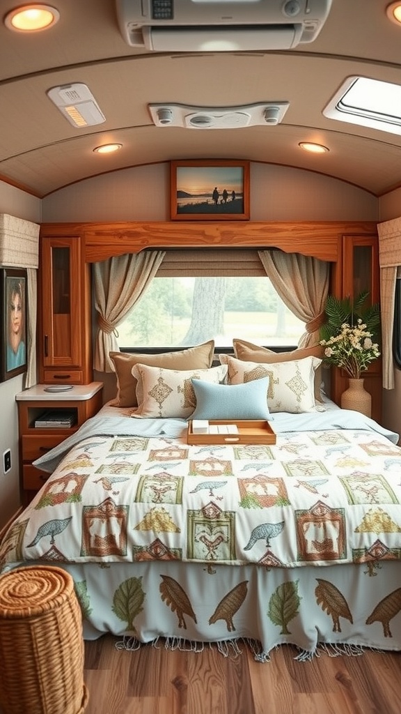 Cozy RV interior with nature-inspired decor, featuring a bedspread with leaves and birds, warm wood tones, and soft textiles.