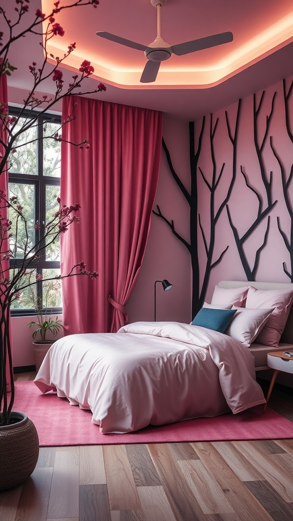 A pink and black themed bedroom with tree branch designs on the wall and floral elements.